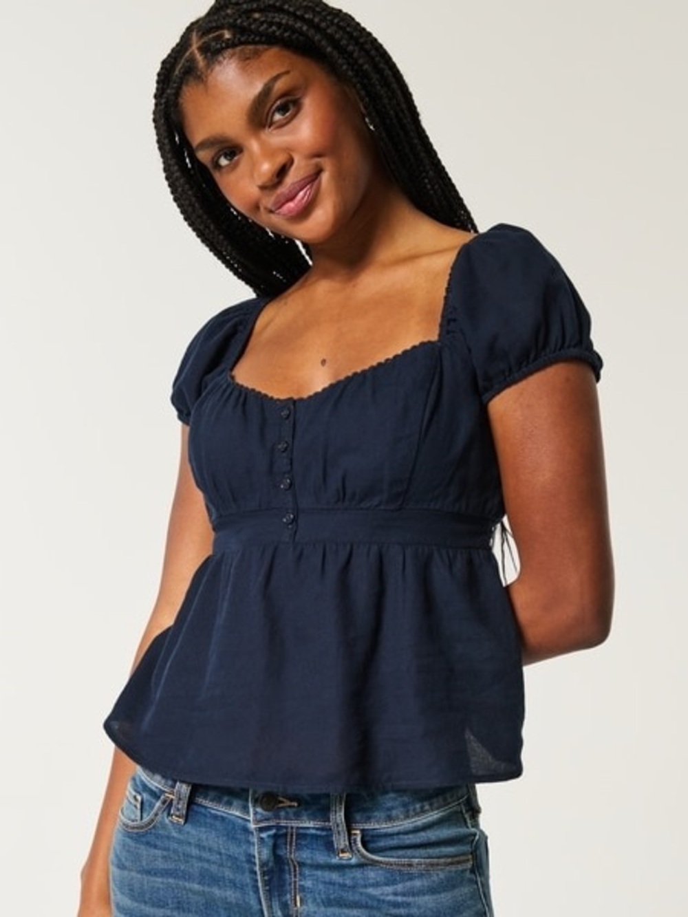 Hollister Navy Easy Babydoll Top Tie Waist (NWT)
